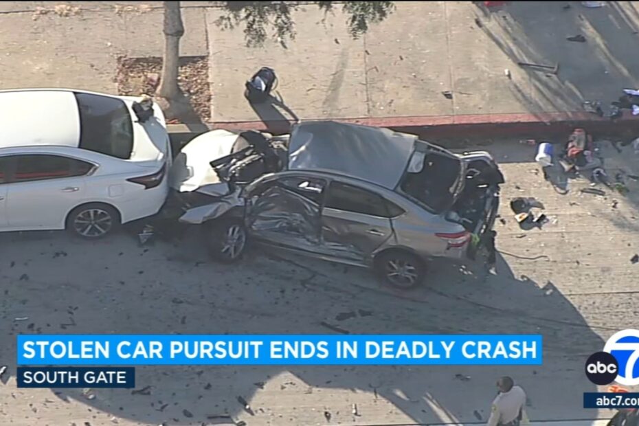 A wild pursuit involving a stolen vehicle ended in a deadly crash Monday in South Gate.