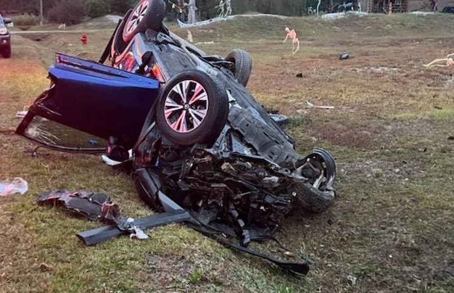 First responders found a vehicle resting on its roof in the ditch, and found an unconscious driver inside, hanging upside down by their seatbelt.