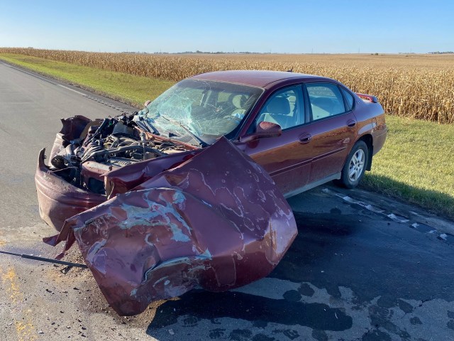 On Tuesday afternoon a car collided with the back of a grain trailer being transported by a semi north of Hayti, sending one man to the hospital.