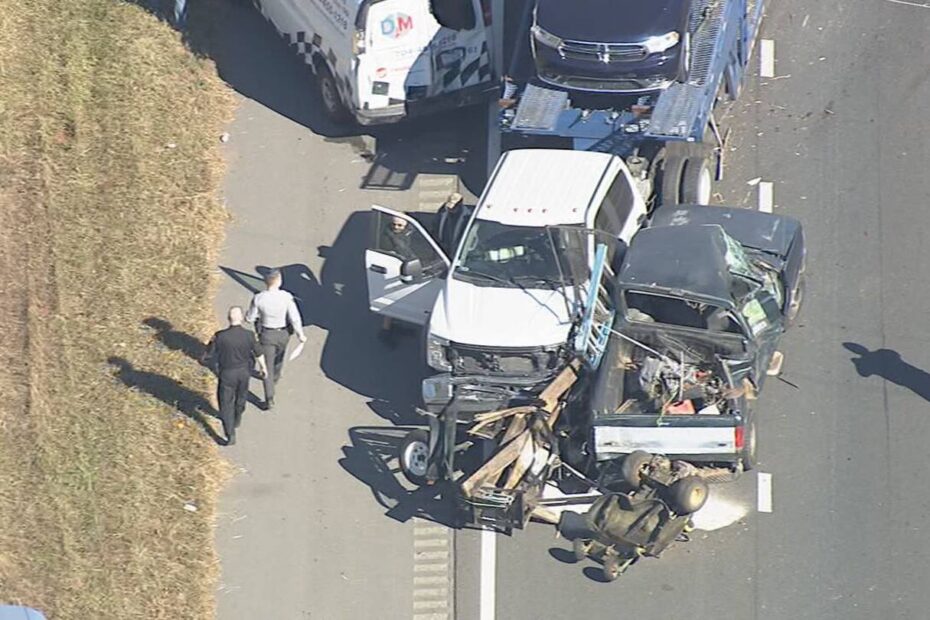 Chopper 9 Skyzoom could see several pickup trucks involved in the crash, including a car carrier.